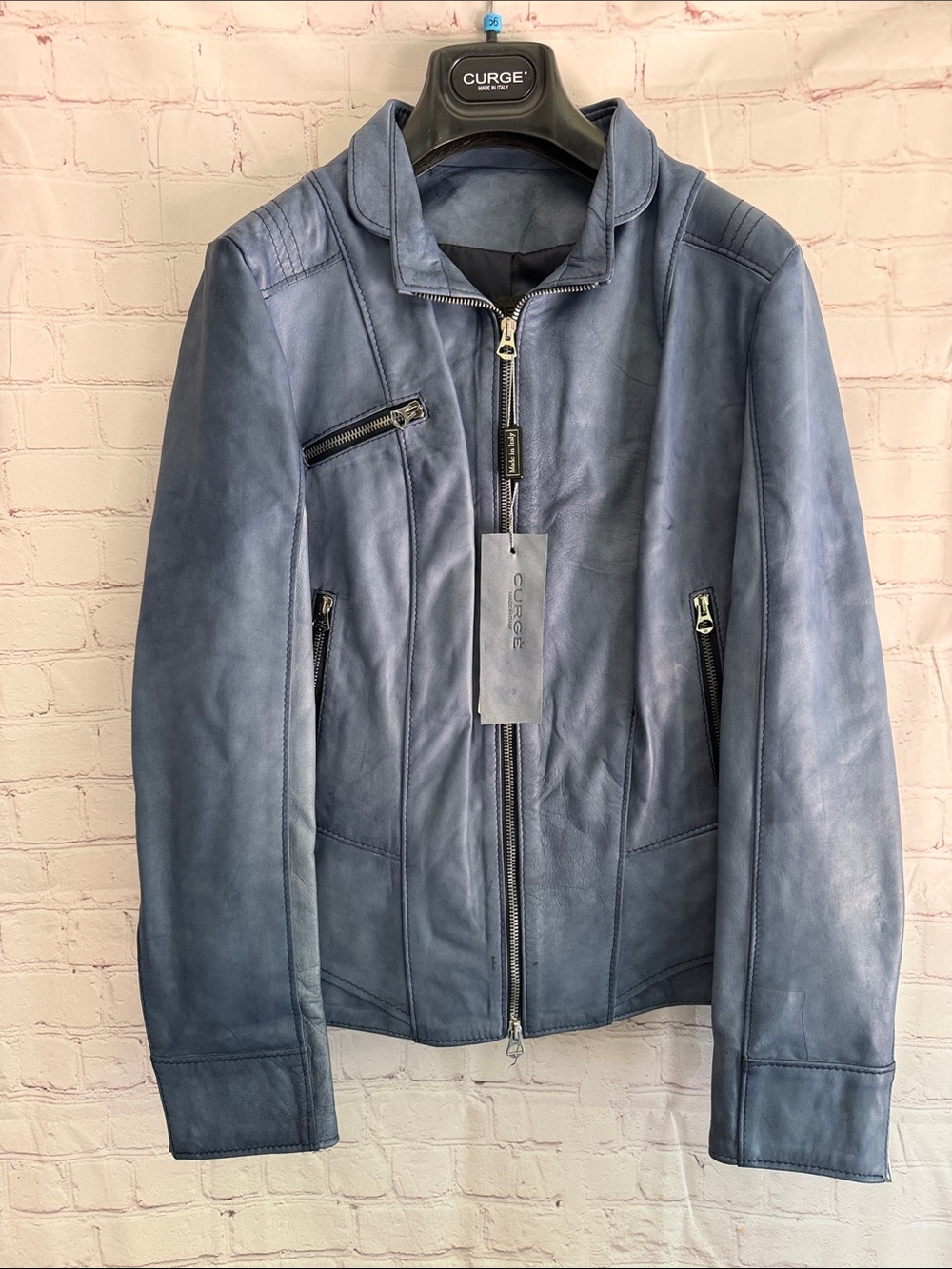 Italian Leather Blue Bomber Jacket Front Zip by CURGÉ Woman’s size EU 56 US 3X